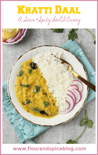 A plate of Khatti Daal with Basmati Rice ad Onions 
