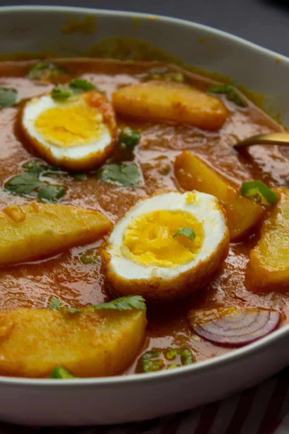 Partial view of a dish of anday aloo ka salan