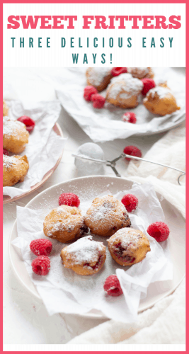 Sweet raspberry fritters ona  plate, dusted with sugar
