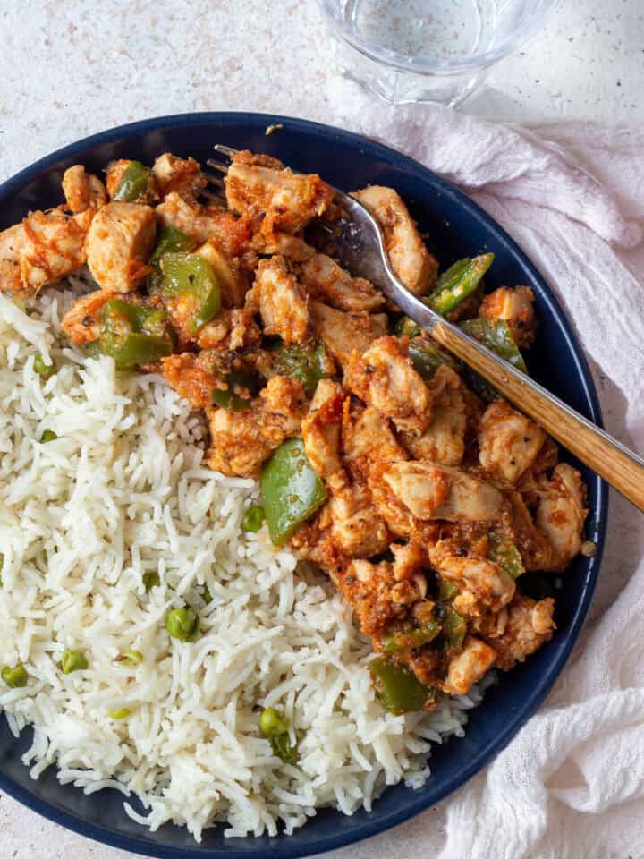 top down view of chicken jalfrezi and rice