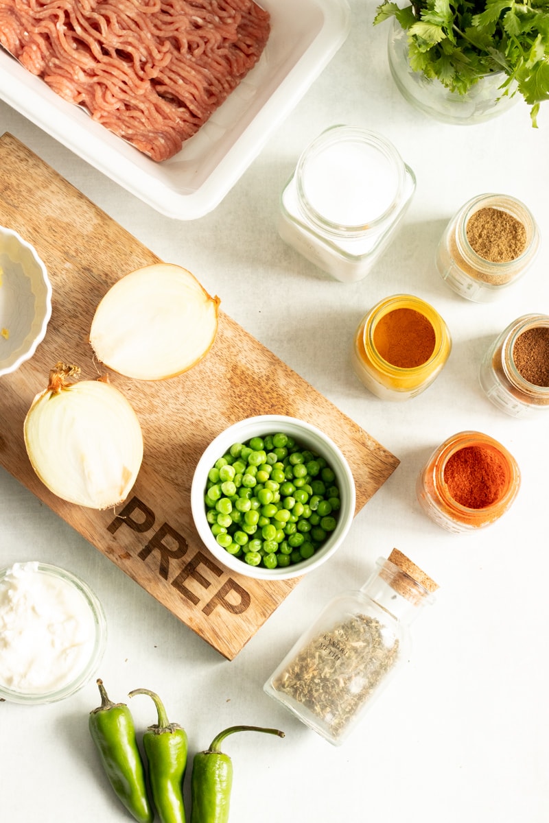 top down view of ingredients for chicken keema 