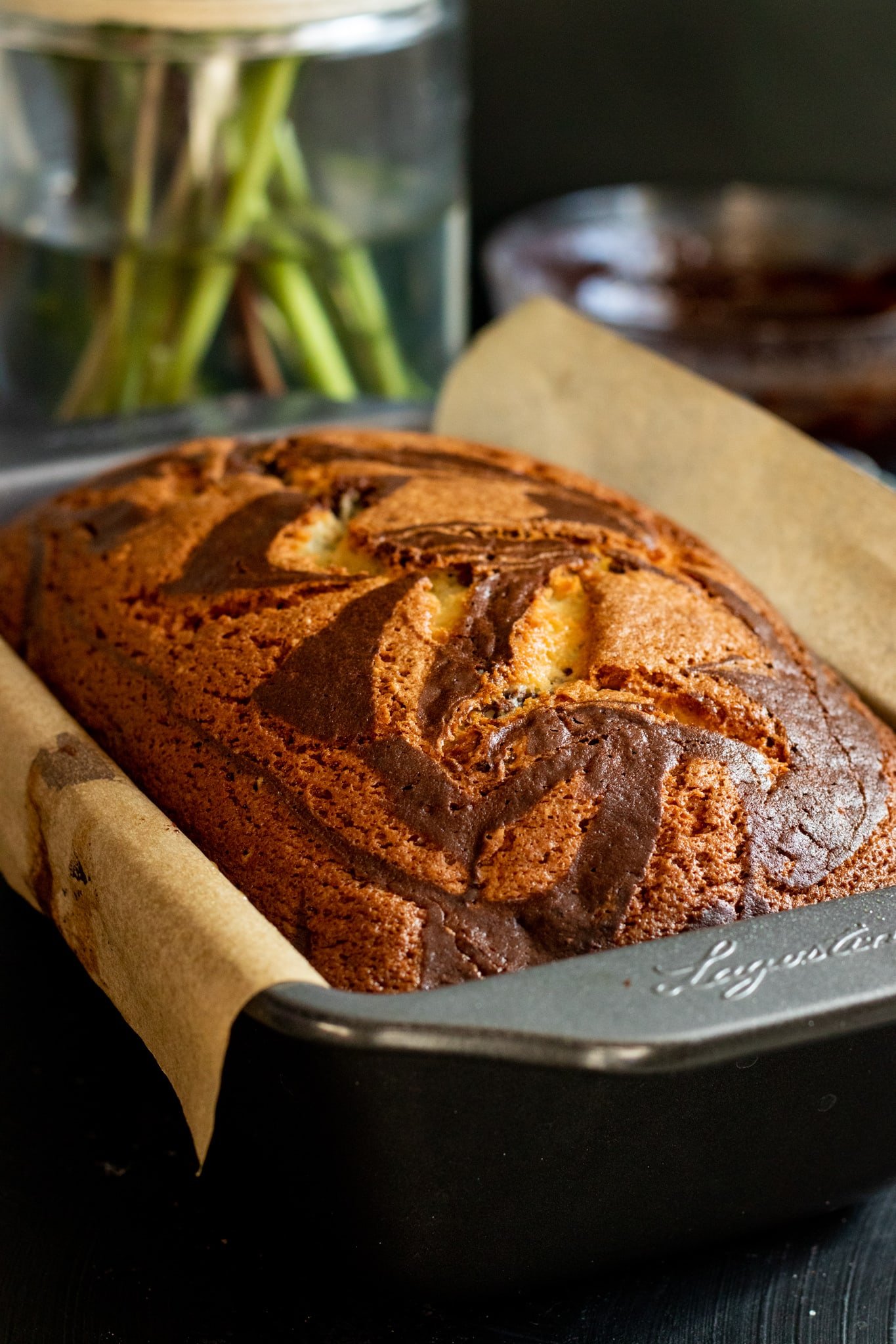 Marble cake in a parchment lined tin
