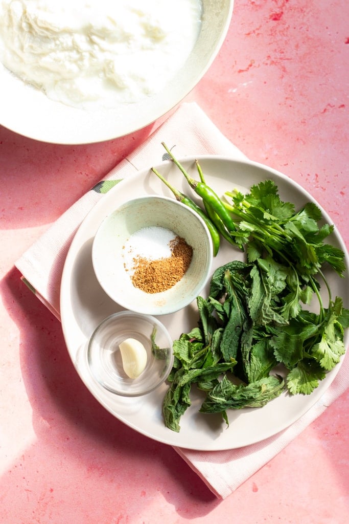 Ingredients for Pudina Raita or Mint Yogurt Chutney 