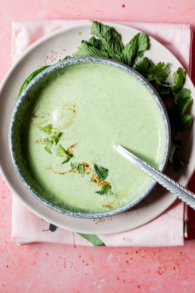 top down view of a green raita or mint yogurt raita 