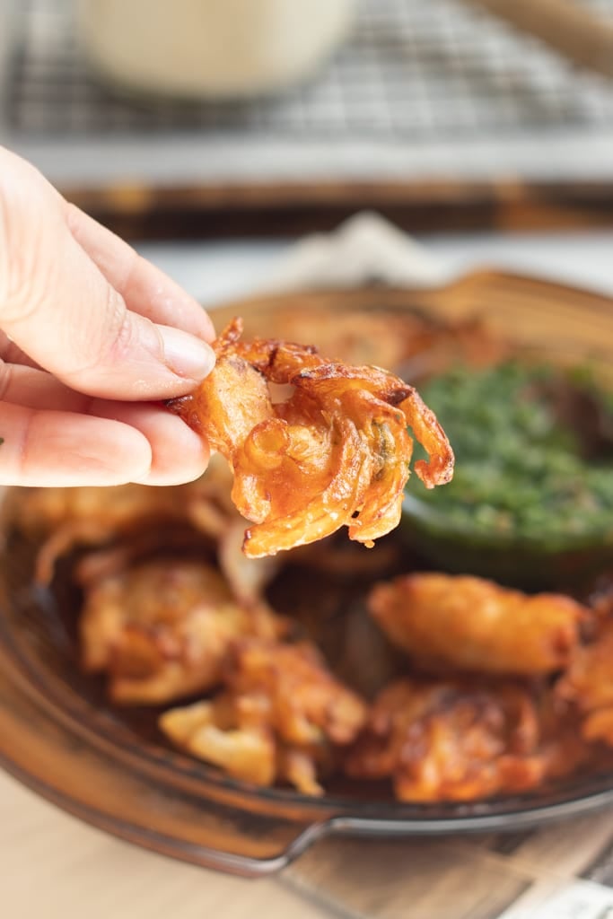 close up of an onion pakora 