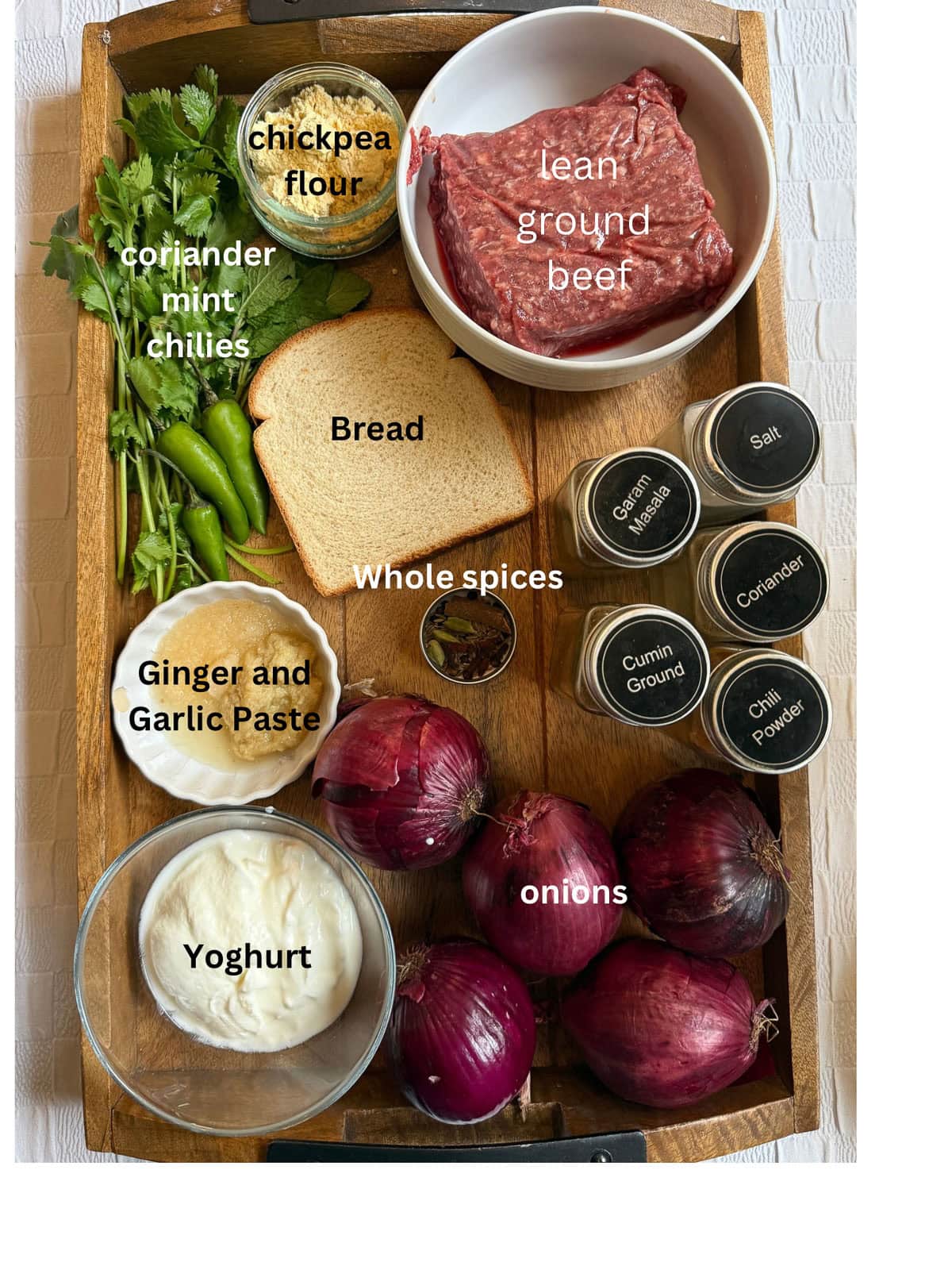 top down view of ingredients for kofta curry. 