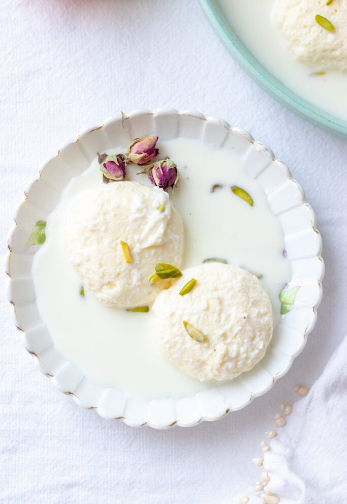 tender milk powder ras malai in a plate