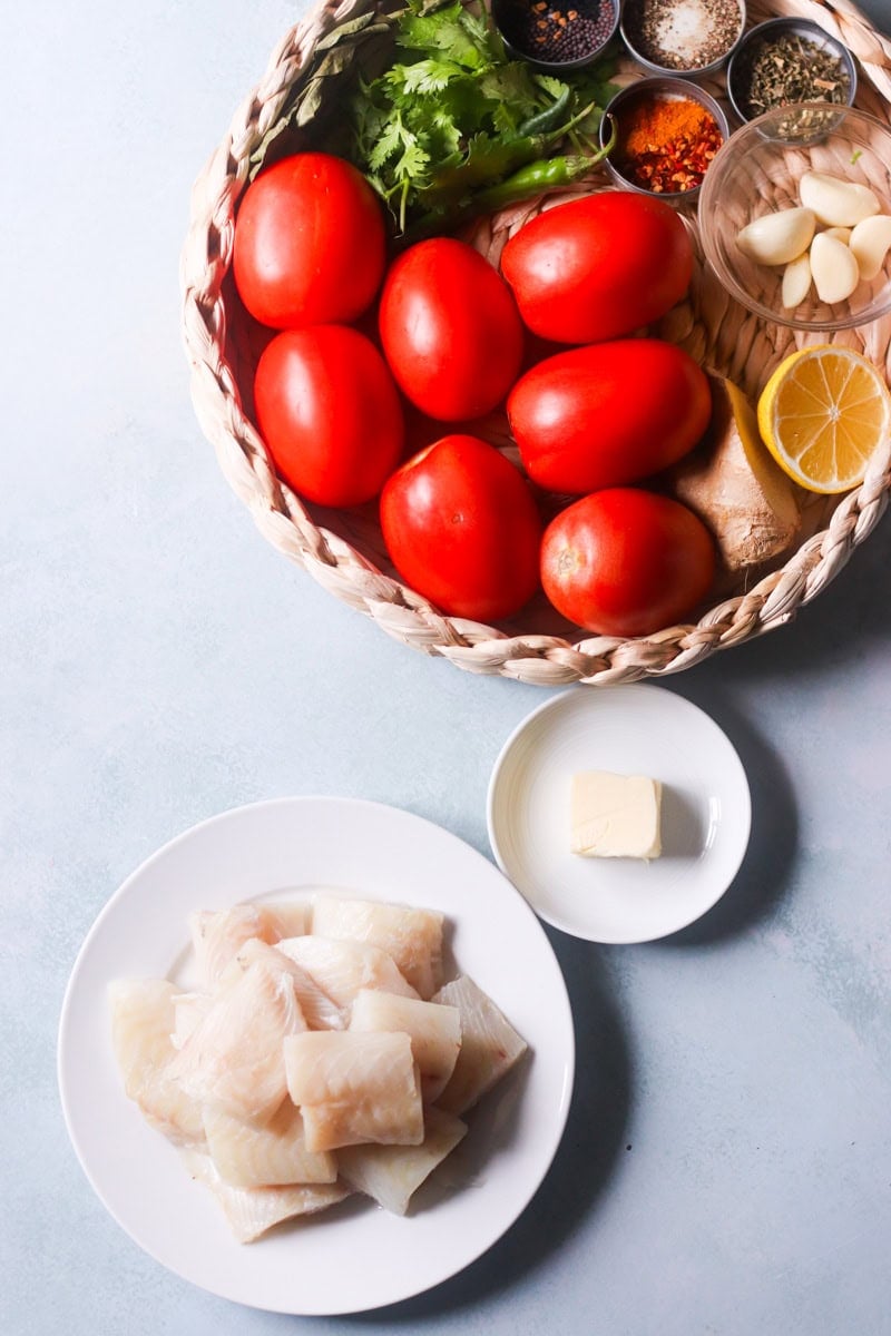 Fish Karahi Ingredients - top down view 