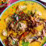 top down view of a richly flavored dal gosht