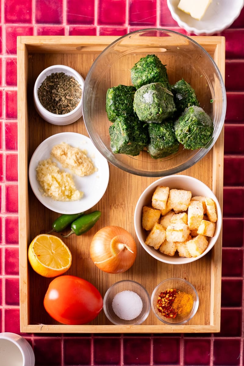top down view of palak paneer ingredients 